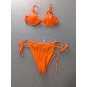 ZAFUL Neon Orange Ribbed Bikini Set Size 4 Underwire Top Tie Side Bottoms NWT